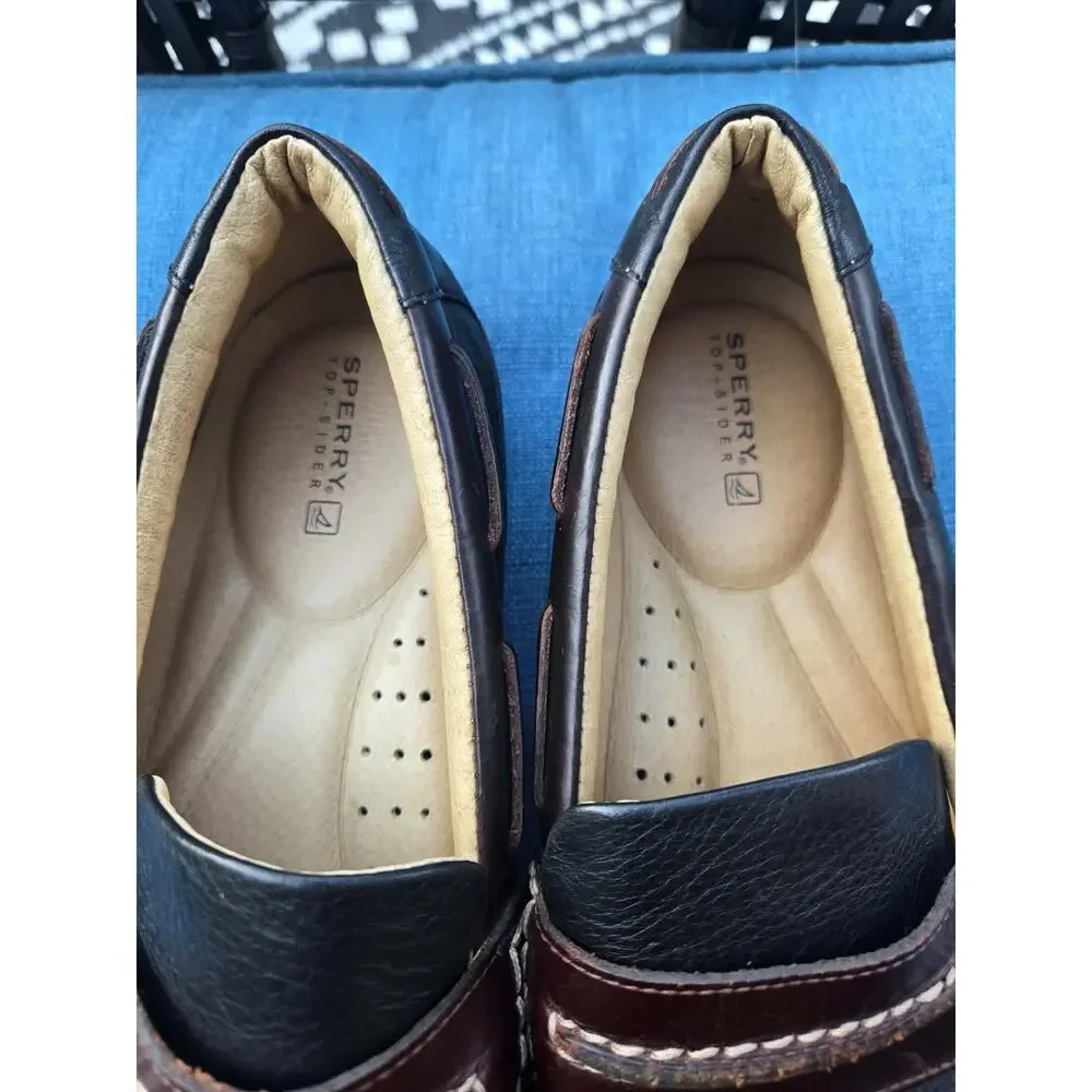 Men’s 9.5 M Sperry Top Sider Driving Mocs Loafers Black Brown Leather Cushioned
